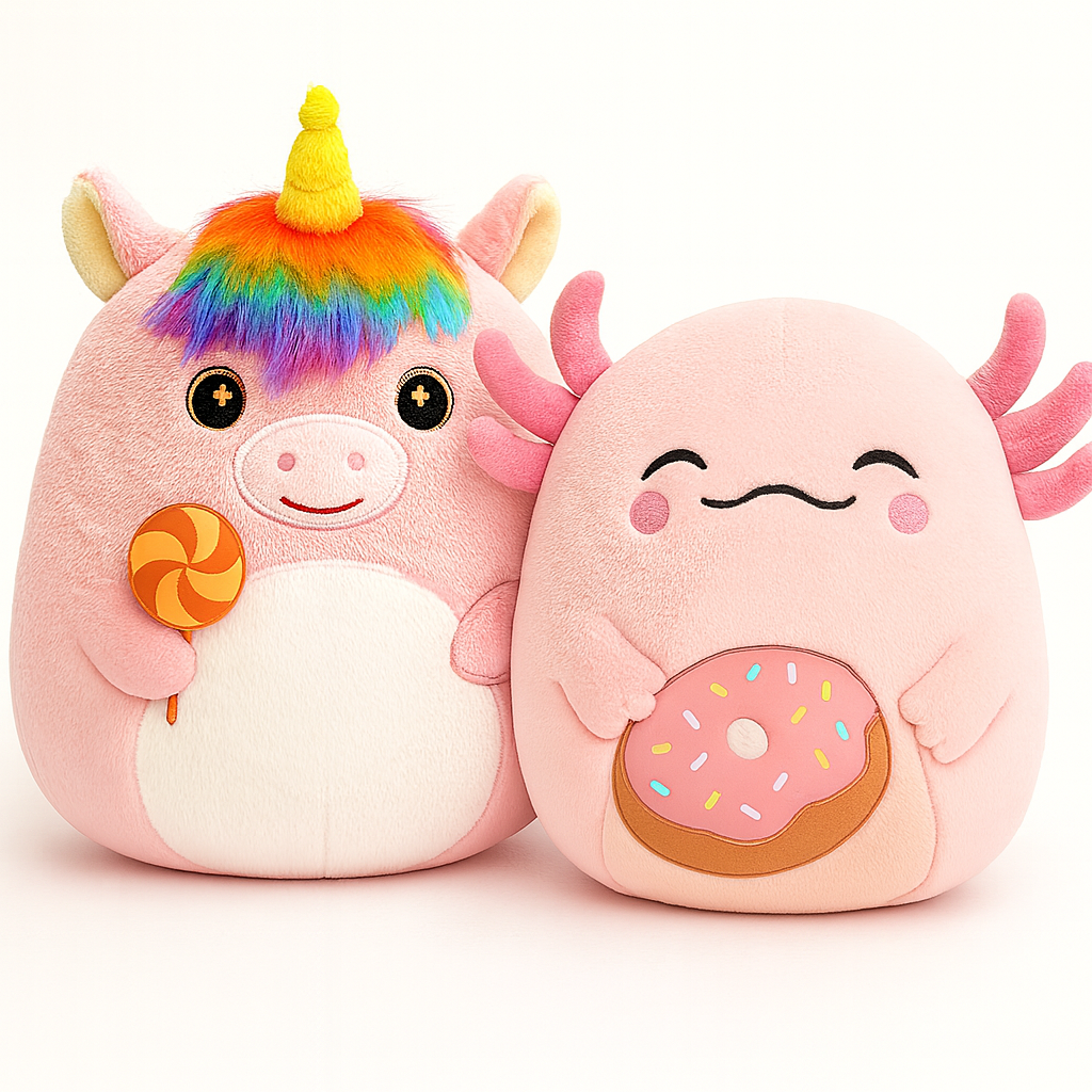 Two Puffpals plush toys featuring a unicorn and axolotl